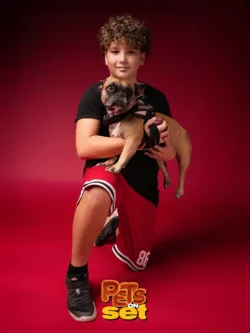 Una delle fotografie realizzate durante lo shooting Pets on Set al Novara DogShow. Foto professionale di un cane con il suo padrone durante Pets on Set al Novara DogShow